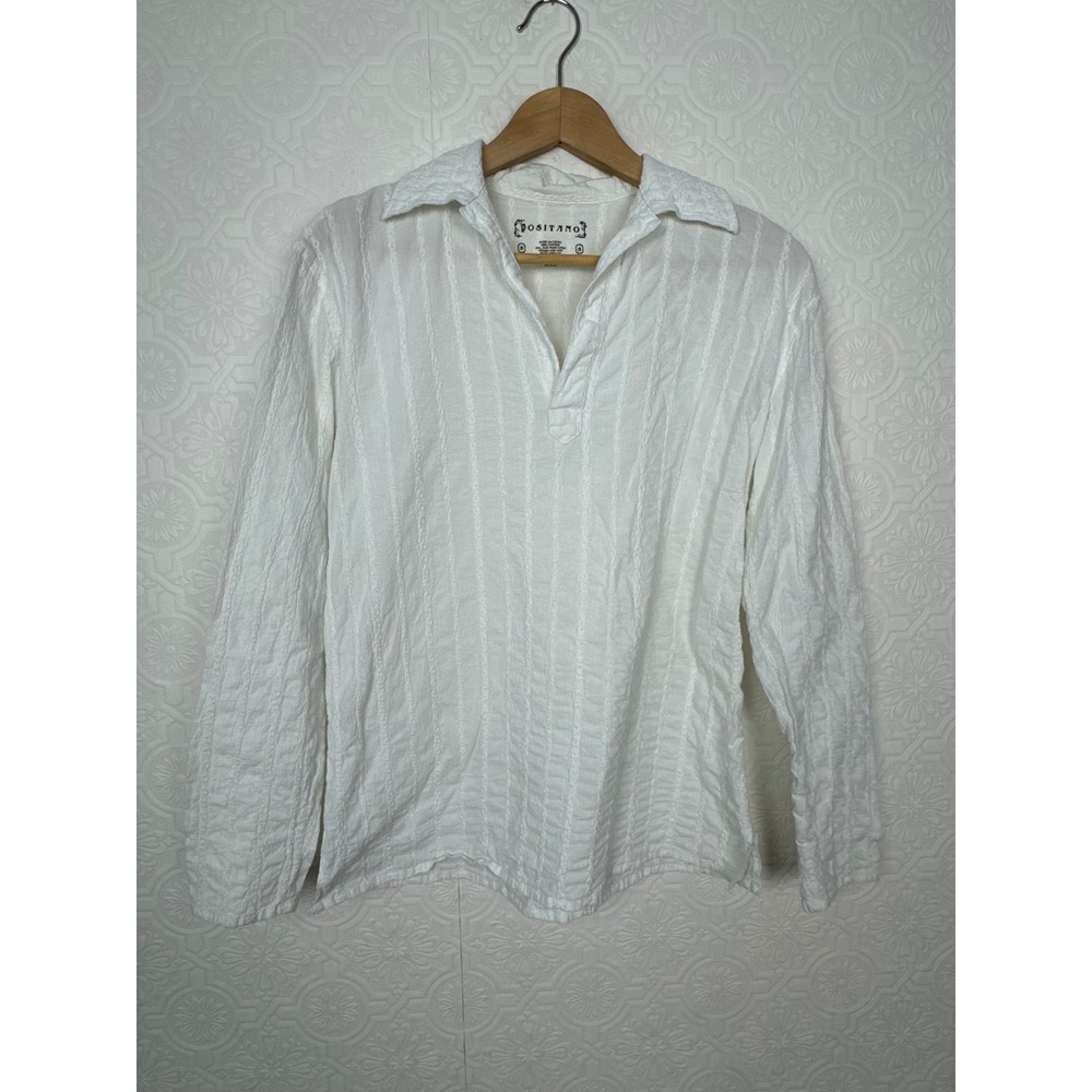 Positano White Cotton Eyelet Stripe Long Sleeve V Neck Blouse Peasant Small